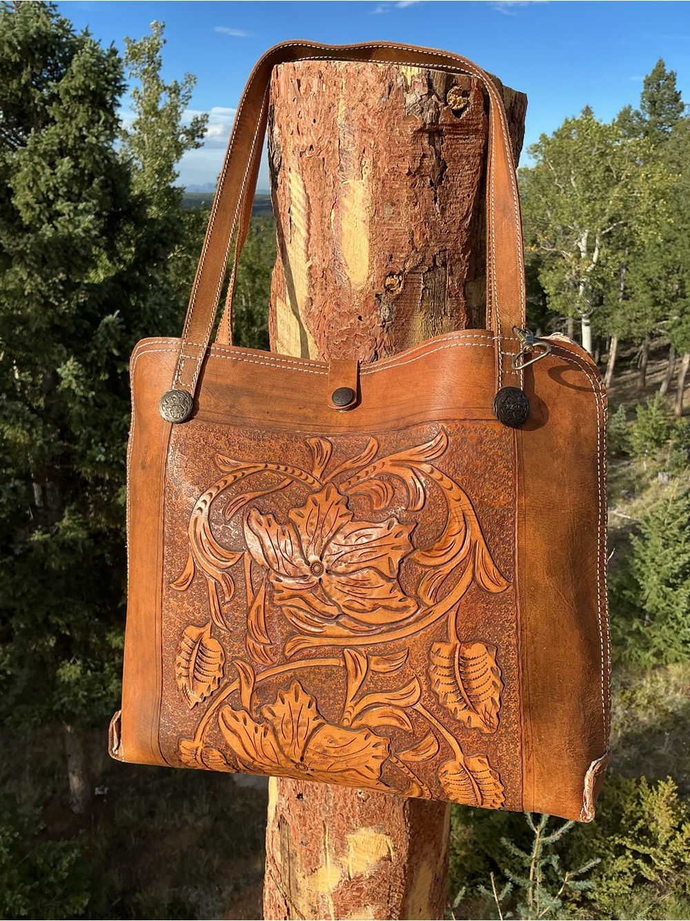 Tooled Leather Floral Tote Bag | Vintage Western Boho Shoulder Bag/ Double Sided - Picture 4 of 13
